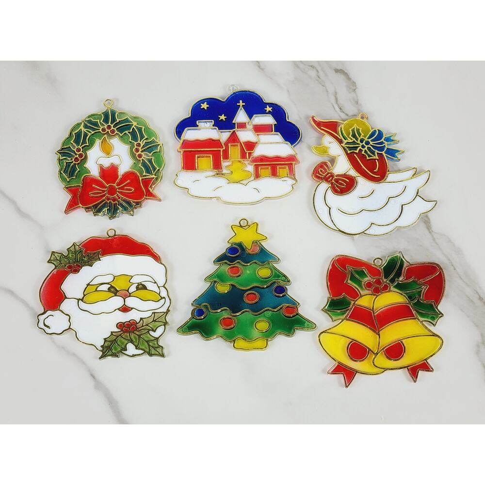 Christmas Sun Catcher Window Decor Plaque 3" Plastic Stained Glass Style 90's x6